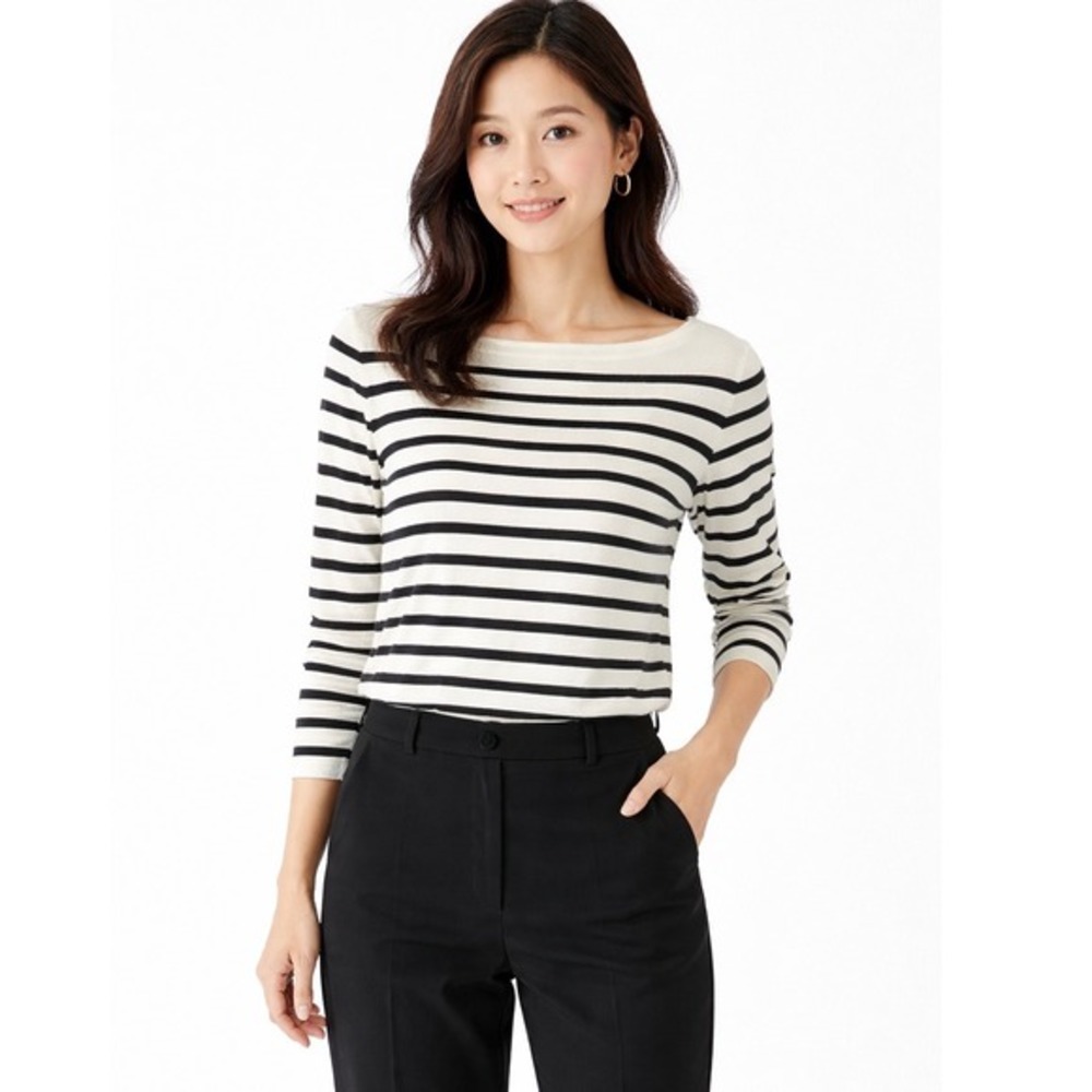 LOFT Stripedā Boat Neck Long Sleeve Cotton Top Black White M Resortwear 73-26